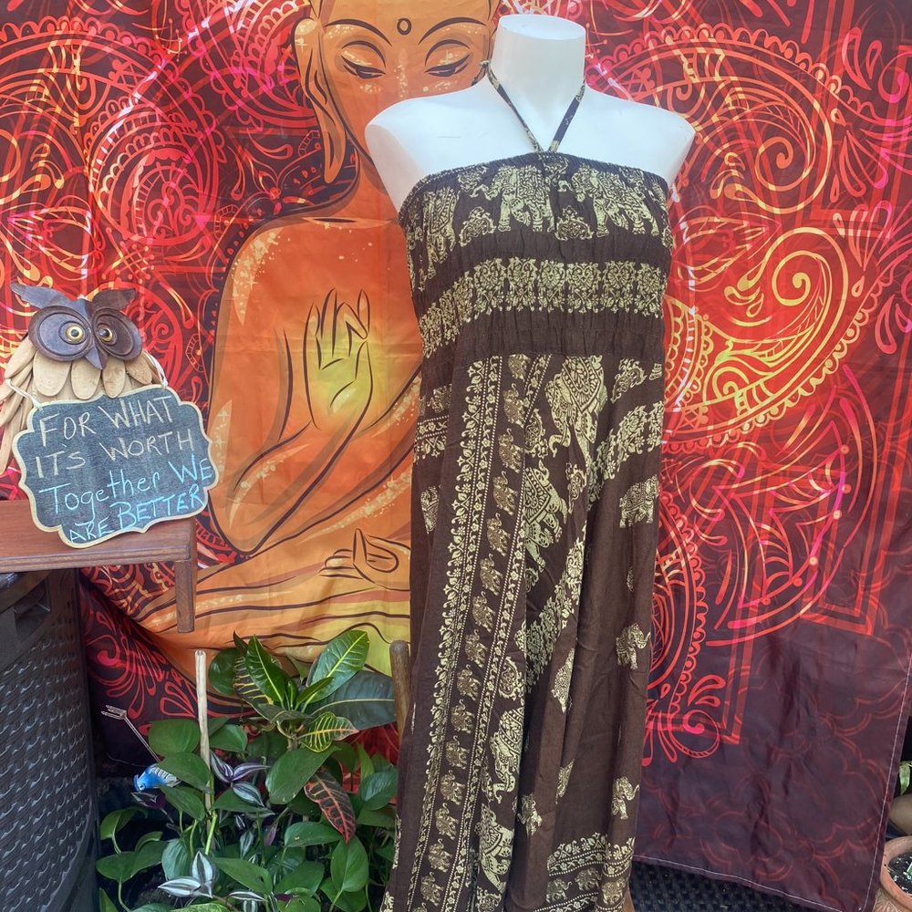 Thai Harem Pant Jumpsuit Mandala Necklace Set Green Boho Halter Romper L XL